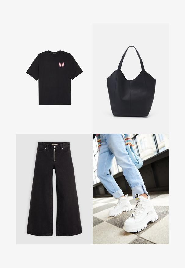 Must muströöpidega must puuvillane T-särk, vasakul rinnal on väike roosa liblikas. Ümar kaelus ja vabalt istuv lõige.; Laiad teksad mustast denimist, millel on lukuga eesmine osa, viie taskuga disain ja peened õmblusdetailid. Sile tekstuur ja juhuslik stiil.; Valged massiivsed tossud paksude talladega, paeltega esiosal ja brändi sildiga. Kandmine helesiniste mansettidega teksadega mustrilisel põrandal.; Must must kinnas must rinna, millel on kaarjas avatud ülemine osa, kaks õlarihma ja minimalistlik disain.