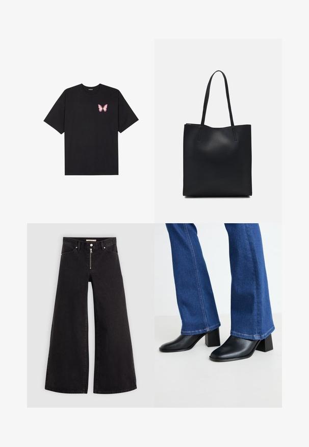 Melna kokvilnas T-krekls ar īsām piedurknēm, kuram priekšā kreisajā pusē ir neliels rozā tauriņa grafiskais attēls. Ar apaļu kaklu un brīvā stila piegriezumu.; Platas kājas džinsi melnā džinsa audumā ar rāvējslēdzēju priekšā, piecu kabatu dizains un smalkas šuvju detaļas. Gluda tekstūra un ikdienišķs stils.; Melni ādas potītes zābaki ar kvadrātveida purngalu un bloku papēdi, saskaņoti ar zilu džinsu platā kāju biksēm ar kontrastējošu šuvju apdari uz apakšmalas.; Melnas ādas somiņa ar gludu tekstūru, taisnstūra formu un divām garām rokturiem. Nav redzamu aparatūras vai rotājumu.