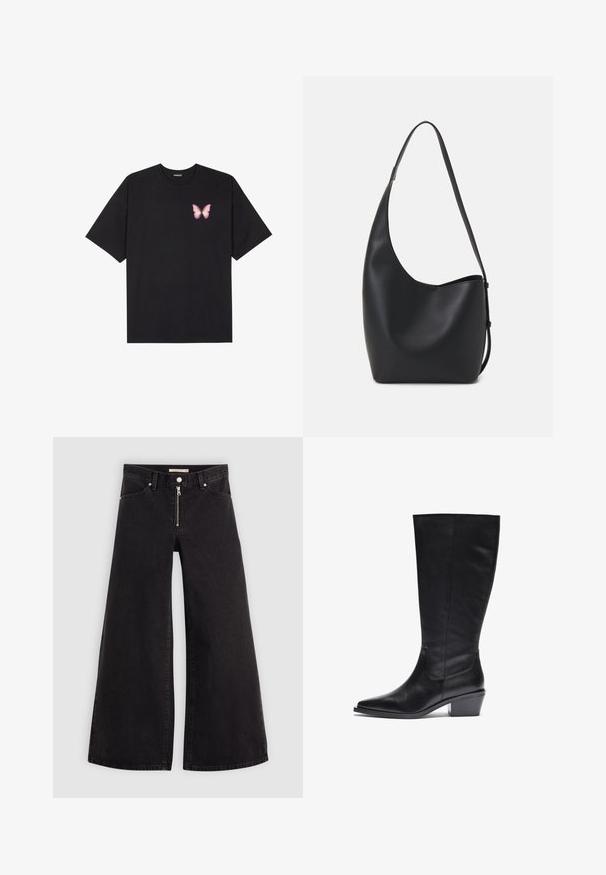 Crna pamučna majica s kratkim rukavima, s malim grafičkim prikazom ružičaste vjetricaste s desne strane na prsima. Dizajn s okruglim izrezom i opuštenim krojem.; Široke traperice od crnog denima s prednjim zatvaračem, dizajnom s pet džepova i suptilnim detaljima šivanja. Glatka tekstura i ležeran stil.; Crne kožne čizme do koljena s dizajnom u obliku špice, teksturiranom finišu i suženim blok petama. Šavovi na stablu čizme.; Crna kožna hobo torba s glatkom teksturom, zakrivljenim oblikom i jednom podesivom trakicom; ima širok otvor na vrhu.