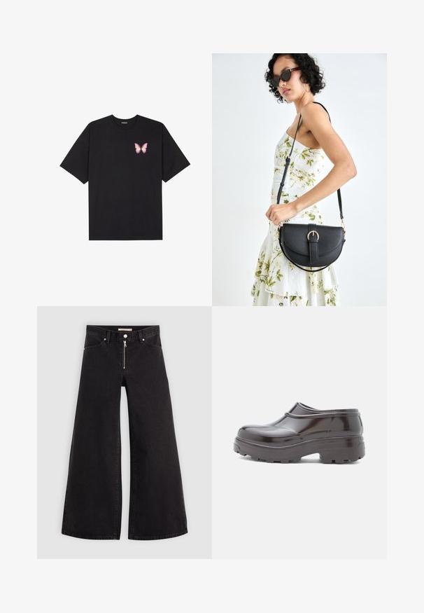 Black cotton t-shirt with short sleeves, featuring a small pink butterfly graphic on the left chest. Crew neck design with a relaxed fit.; Wide-leg jeans in black denim with a zippered front, five-pocket design, and subtle stitching details. Smooth texture and casual style.; Brown glossy clogs with a rounded toe, raised seam detailing, and a thick textured sole for enhanced grip and support.; Black leather handbag with a curved shape, detachable strap, and gold hardware. The bag features a flap with a buckle detail.