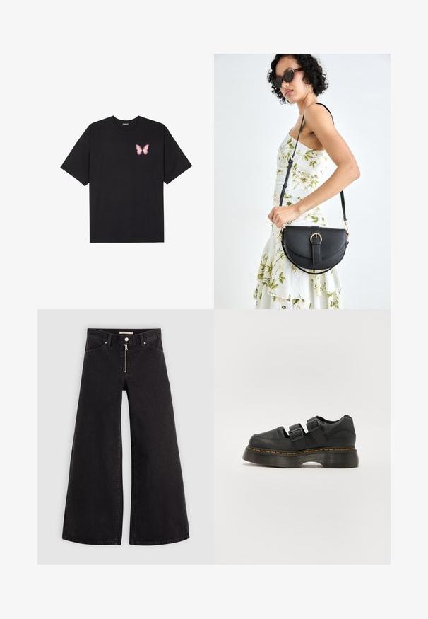 Zwarte katoenen t-shirt met korte mouwen, voorzien van een kleine roze vlinder graphic op de linkerkant van de borst. Crew neck ontwerp met een relaxte fit.; Wijdvallende jeans van zwarte denim met een ritssluiting aan de voorkant, vijf zakken en subtiele stikdetails. Soepele textuur en casual stijl.; Zwarte leren schoen met twee verstelbare gespbandjes, verhoogde geprofileerde zool en zichtbare oranje stiksels langs de middenzool.; Zwarte leren handtas met een gebogen vorm, afneembare schouderband en gouden hardware. De tas heeft een klep met een gespsluiting.