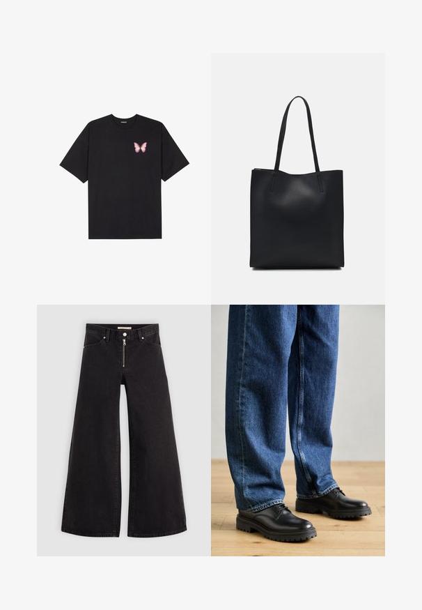 Czarny bawełniany t-shirt z krótkim rękawem, z małym różowym motylkiem na lewej piersi. Klasyczny dekolt z luźnym fasonem.; Jeans o szerokich nogawkach w czarnym denienie z zamkiem błyskawicznym z przodu, pięcioma kieszeniami i subtelnymi detalami przeszycia. Gładka tekstura i swobodny styl.; Czarne skórzane buty z okrągłym noskiem, sznurowanym fasonem i grubą, strukturalną gumową podeszwą, w połączeniu z luźnymi niebieskimi dżinsami.; Czarna skórzana torba tote o gładkiej fakturze, prostokątnym kształcie i dwóch długich uchwytach. Brak widocznych elementów metalowych i ozdób.