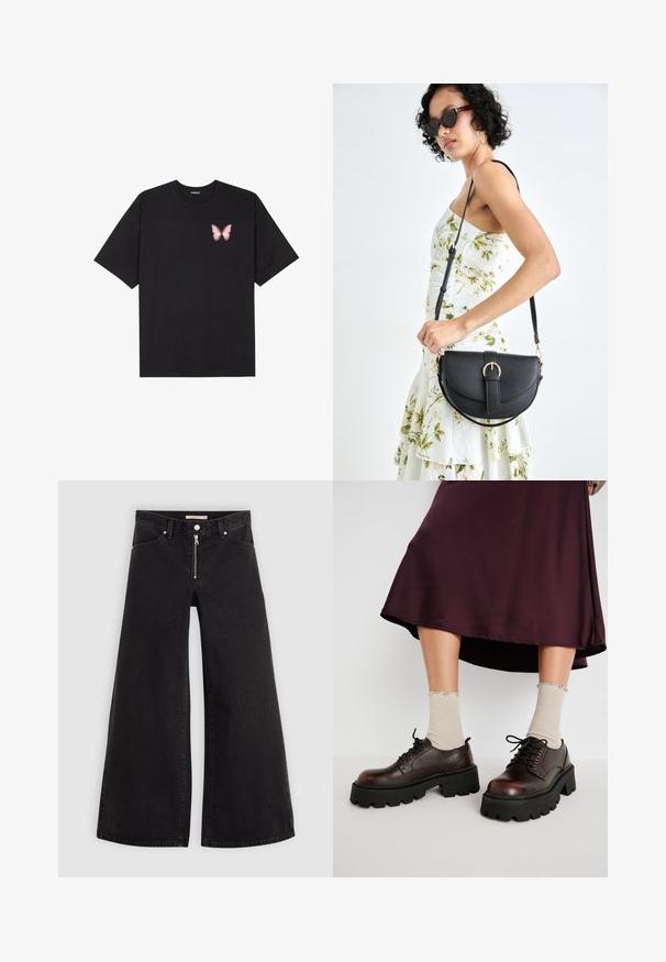 Tricou negru din bumbac cu mâneci scurte, având pe partea stângă a pieptului un mic grafic cu un fluture roz. Design cu guler rotund și croială lejeră.; Jeans cu picioare largi din denim negru, cu fermoar în față, design cu cinci buzunare și detalii subtile de cusătură. Textură netedă și stil casual.; Pantofi cu talpă platformă din piele maro, cu tălpi negre groase, asortați cu ciorapi bej cu model nervurat și margini ondulate, pe un fundal discret.; Geantă din piele neagră, cu o formă curbată, curea detașabilă și accesorii aurii. Geanta are un capac cu un detaliu tip cataramă.