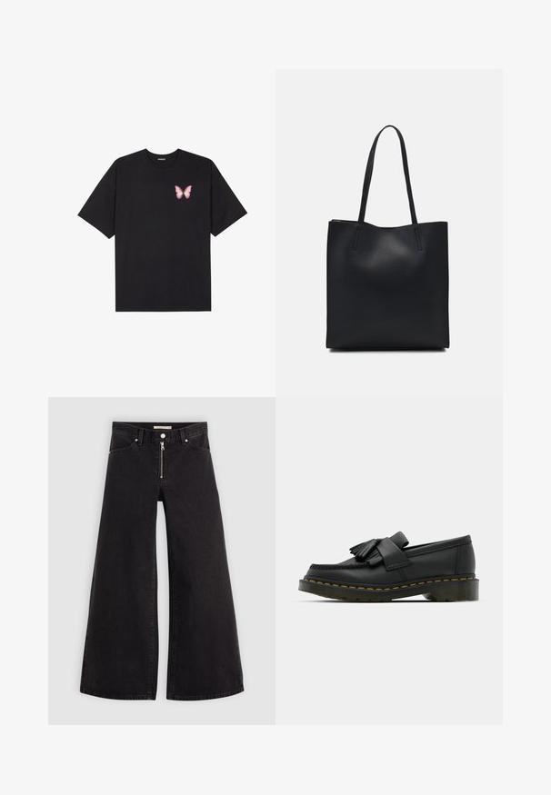 Black cotton t-shirt with short sleeves, featuring a small pink butterfly graphic on the left chest. Crew neck design with a relaxed fit.; Wide-leg jeans in black denim with a zippered front, five-pocket design, and subtle stitching details. Smooth texture and casual style.; Black leather loafers with a rounded toe, featuring a fringed detail and a decorative band across the front, set on a chunky heel.; Black leather tote bag with smooth texture, rectangular shape, and two long handles. No visible hardware or embellishments.