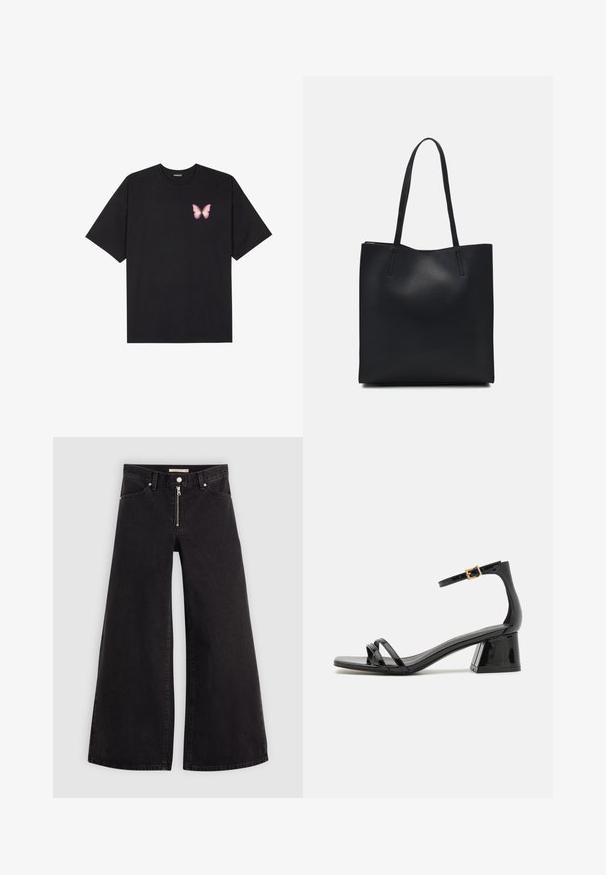 Fekete pamut póló rövid ujjakkal, bal mellkason egy kis rózsaszín pillangó grafikával. Kerek nyakú kialakítás, laza fazonnal.; Fekete denim széles szárú farmer, cipzáros elejével, öt zsebes kialakítással és diszkrét varrással. Sima textúra és laza stílus.; Fekete lakk bőrszandál három keskeny pánttal és négyzetes orral, vastag sarkal és állítható bokapánttal, arany csattal.; Fekete bőrtáska sima felszínnel, téglalap alakú, két hosszú füllel. Nincs látható fémkiegészítő vagy díszítés.