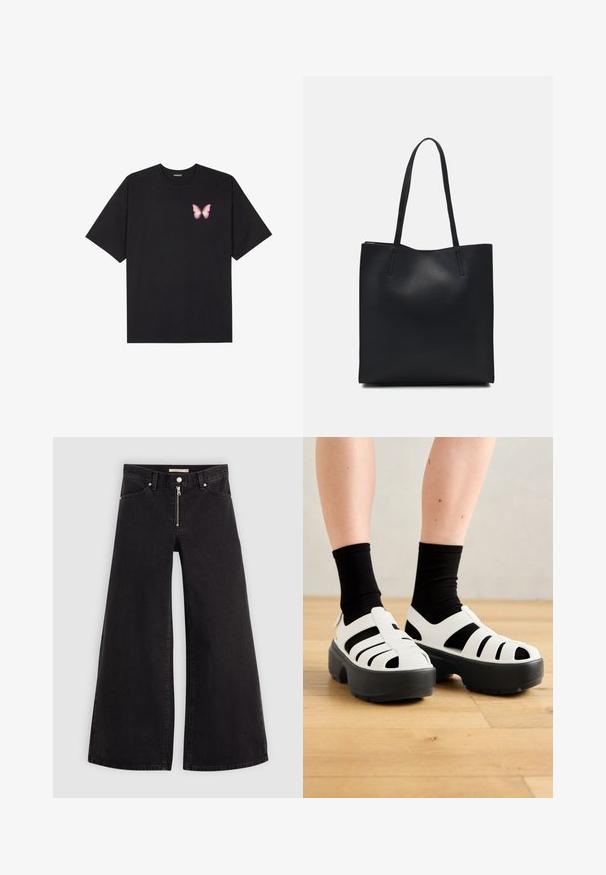 T-shirt nera in cotone con maniche corte, caratterizzata da una piccola grafica di una farfalla rosa sul lato sinistro del petto. Design a girocollo con una vestibilità rilassata.; Jeans a gamba larga in denim nero con chiusura a zip, design a cinque tasche e dettagli di cucitura sottili. Texture morbida e stile casual.; Sandali bianchi spessi con accenti neri, caratterizzati da molteplici ritagli e una suola nera spessa. Un materiale testurizzato ricopre la punta e i lati.; Borsa tote in pelle nera con texture liscia, forma rettangolare e due manici lunghi. Nessun hardware o decorazione visibile.