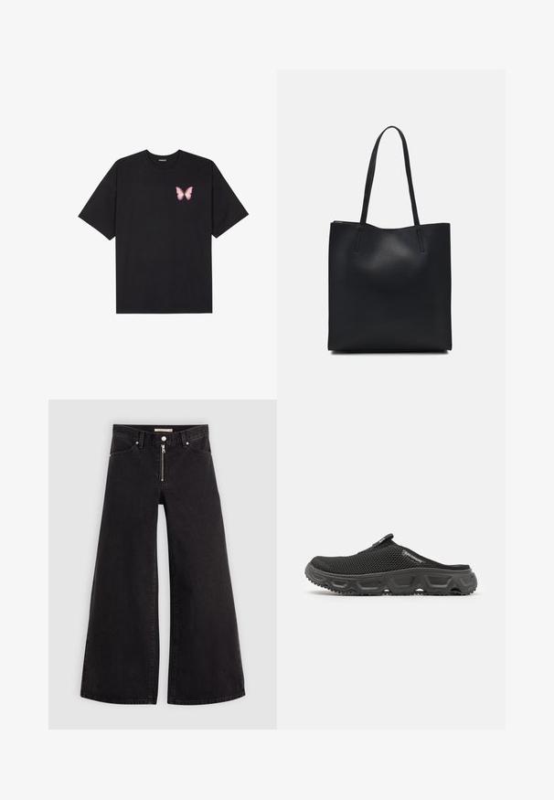 Črna bombažna majica s kratkimi rokavi, ki ima majhen roza metuljček na levi strani prsnega dela. Majica s krožnim ovratnikom in sproščenim krojem.; Široke traperice iz črnega denima z zadrgo spredaj, petimi žepi in diskretnimi šivi. Gladka tekstura in ležeren slog.; Črne mrežaste natikače s teksturiranim gumijastim podplatom, zaobljenim prstom in zanko za držanje na hrbtni strani. Imajo vidno šivanje in subtilen detajl z logotipom.; Črna usnjena torba s svilnato teksturo, pravokotne oblike in dvema dolgima ročajema. Brez vidnih metalnih delov ali okrasnih elementov.