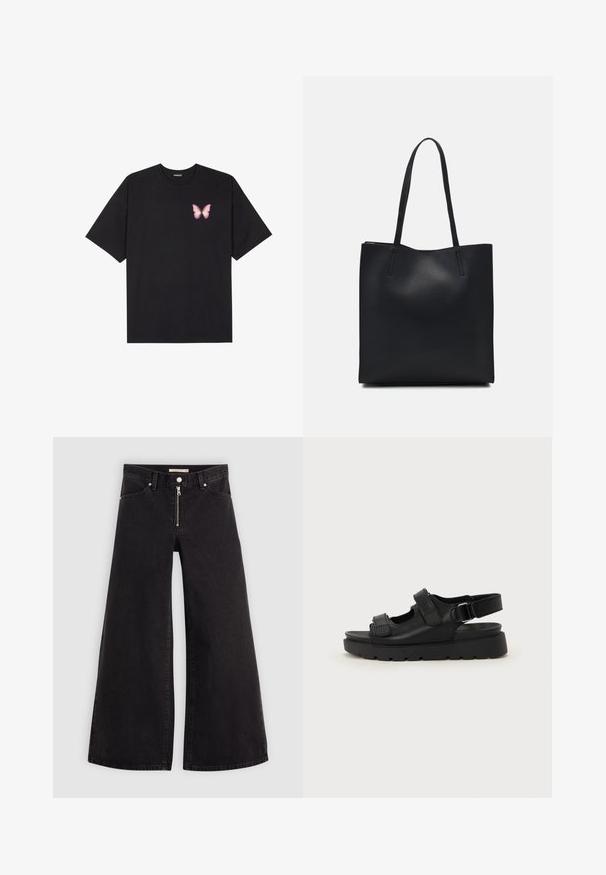 T-shirt de algodão preto com mangas curtas, apresentando um pequeno gráfico de borboleta rosa no lado esquerdo do peito. Design de gola redonda com um corte solto.; Calças de ganga de perna larga em denim preto com fecho éclair à frente, design de cinco bolsos e detalhes de costura subtil. Textura suave e estilo casual.; Sandálias de couro preto com sola grossa, tiras ajustáveis e detalhes recortados para respirabilidade. Textura suave com acabamento mate.; Bolsa tote preta em couro com textura lisa, forma retangular e duas alças longas. Sem hardware ou enfeites visíveis.