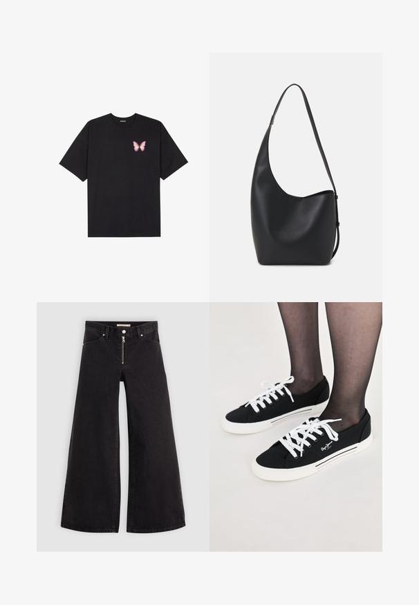 Must muströöpidega must puuvillane T-särk, vasakul rinnal on väike roosa liblikas. Ümar kaelus ja vabalt istuv lõige.; Laiad teksad mustast denimist, millel on lukuga eesmine osa, viie taskuga disain ja peened õmblusdetailid. Sile tekstuur ja juhuslik stiil.; Mustad musta lõuendist jalatsid valgete paeltega, valgete kummitaldade ja külgjoone aktsentidega. Omab logo välistel külgedel.; Mustast nahast hobo kott, millel on sile tekstuur, kumer kuju ja üks reguleeritav rihm; peal on lai avaus.