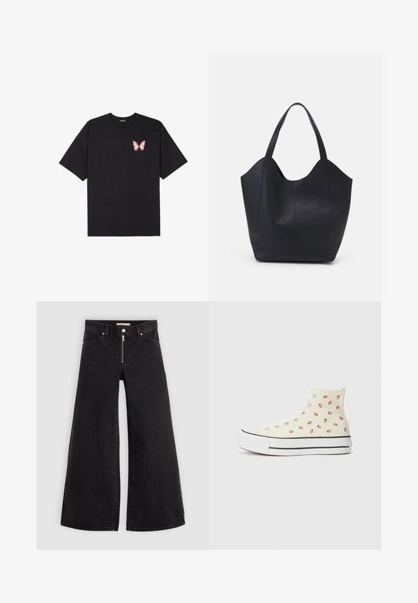 Juodas medvilnės marškinėliai trumpomis rankovėmis, su maža rožine drugelio grafika kairėje krūtinės pusėje. Apvalus kaklo iškirpimas, laisvas kirpimas.; Plačios kojų džinsai iš juodo džinsinio audinio su užtrauktuku priekyje, penkių kišenių dizainu ir subtiliais siuvinėjimo akcentais. Lygus paviršius ir laisvalaikio stilius.; Aukšti sportbačiai, pagaminti iš geltono kanvo, su mažų raudonųjų braškių raštu, baltais raišteliais ir juodai dryžuotu baltu padu.; Juodas rankinės maišelis, pagamintas iš lygaus odos, su išlenktu atviru viršumi, dviem petinėmis dirželis ir minimalistiniu dizainu.