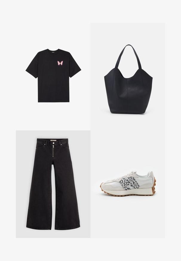 Czarny bawełniany t-shirt z krótkim rękawem, z małym różowym motylkiem na lewej piersi. Klasyczny dekolt z luźnym fasonem.; Jeans o szerokich nogawkach w czarnym denienie z zamkiem błyskawicznym z przodu, pięcioma kieszeniami i subtelnymi detalami przeszycia. Gładka tekstura i swobodny styl.; Białe sneakersy z szarymi akcentami w leopardzie, wykonane z zamszu i skóry, z teksturowaną podeszwą i gumową podeszwą zewnętrzną, okrągłym noskiem oraz sznurowanym fasonem.; Czarna torba na ramię wykonana z gładkiej skóry, z zaokrąglonym, otwartym topem i dwoma paskami na ramię oraz minimalistycznym designem.
