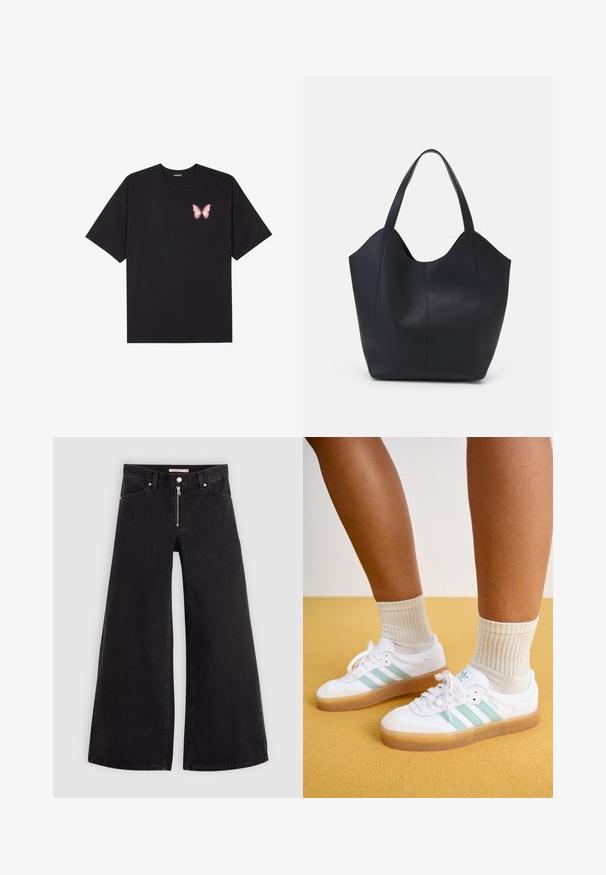 Černé bavlněné tričko s krátkým rukávem, na levém prsou s malou grafikou růžové motýlky. Design s kruhovým výstřihem a volným střihem.; Džíny s širokými nohavicemi v černém denimovém provedení se zipem vpředu, pěti kapsami a jemnými švy. Hladká textura a ležérní styl.; Bílé tenisky s mátově zelenými pruhy, guma podešví a tkaničkami, doplněné o zvlněné krémové ponožky. Na pozadí žluté barvy.; Černá taška přes rameno vyrobená z hladké kůže, s zakřiveným, otevřeným vrchem a dvěma ramenními popruhy, s minimalistickým designem.