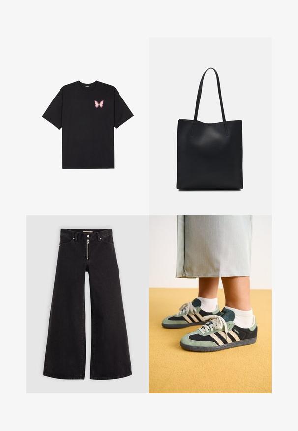 Svart bomulls T-skjorte med korte ermer, med en liten rosa sommerfugl grafikk på venstre bryst. Crew-neck design med en avslappet passform.; Vide benbukser i sort denim med glidelås i front, fem-lomme design og subtile sømdetaljer. Glatt tekstur og avslappet stil.; Grønn og svart semsket sneakers med kremfargede striper, med en teksturert overdel og snøring, satt mot en gul bakgrunn.; Svart lær tote bag med glatt tekstur, rektangulær form og to lange håndtak. Ingen synlige deler eller dekorasjoner.