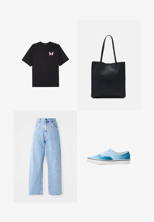 Czarny bawełniany t-shirt z krótkim rękawem, z małym różowym motylkiem na lewej piersi. Klasyczny dekolt z luźnym fasonem.; Jasnoniebieskie dżinsy z wysokim stanem, proste szerokie nogawki, z przodu zapinane na guzik i zamek błyskawiczny, oraz kieszenie z przodu i z tyłu.; Vans - Sneakersy niskie; Czarna skórzana torba tote o gładkiej fakturze, prostokątnym kształcie i dwóch długich uchwytach. Brak widocznych elementów metalowych i ozdób.