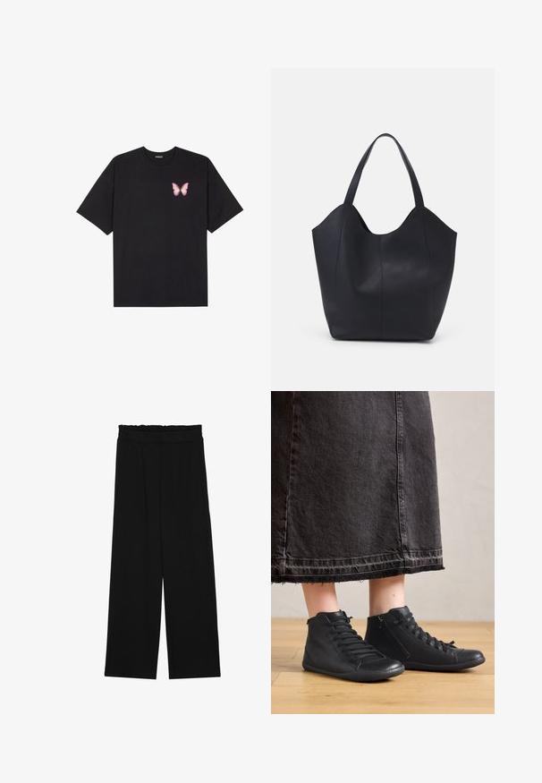 T-shirt nera in cotone con maniche corte, caratterizzata da una piccola grafica di una farfalla rosa sul lato sinistro del petto. Design a girocollo con una vestibilità rilassata.; Pantaloni neri a gamba larga con cintura arricciata, dotati di due tasche laterali e un tessuto liscio e leggero. Nessun motivo visibile o parti metalliche.; Scarpe alte nere in pelle con una superficie liscia, dotate di lacci e cerniera laterale. Indossate con una lunga gonna di jeans nera.; Borsa tote nera realizzata in pelle liscia, con una parte superiore curva e aperta, dotata di due manici per spalla e un design minimalista.