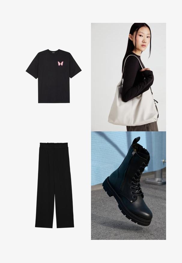 Tricou negru din bumbac cu mâneci scurte, având pe partea stângă a pieptului un mic grafic cu un fluture roz. Design cu guler rotund și croială lejeră.; Pantaloni largi negri cu un tiv volant, cu două buzunare laterale și un material neted, ușor. Fără modele vizibile sau accesorii.; Botine din piele neagră până la gleznă, cu un design cu șireturi, fermoar lateral, finisaj texturat și o talpă robustă cu șanțuri proeminente.; Geantă bej din material moale, cu un design lejer, detalii cusute și două bretele pentru umăr. Potrivită pentru utilizarea zilnică.
