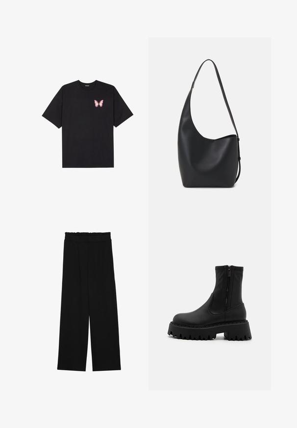 Crna pamučna majica s kratkim rukavima, s malim grafičkim prikazom ružičaste vjetricaste s desne strane na prsima. Dizajn s okruglim izrezom i opuštenim krojem.; Crne široke hlače s naboranim pojasom, koje imaju dva bočna džepa i glatku, laganu tkaninu. Nema vidljivih uzoraka ili metalnih dijelova.; Crne gležnjače od mat sintetičkog materijala, sa bočnim zatvaračem, debelim platformama s nazubljenim rubovima i ojačanim šavovima.; Crna kožna hobo torba s glatkom teksturom, zakrivljenim oblikom i jednom podesivom trakicom; ima širok otvor na vrhu.
