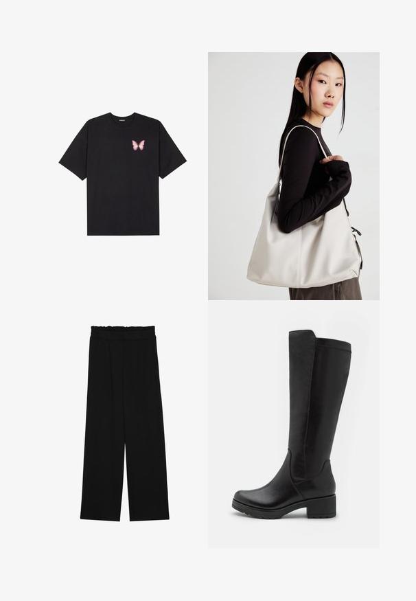 T-shirt nera in cotone con maniche corte, caratterizzata da una piccola grafica di una farfalla rosa sul lato sinistro del petto. Design a girocollo con una vestibilità rilassata.; Pantaloni neri a gamba larga con cintura arricciata, dotati di due tasche laterali e un tessuto liscio e leggero. Nessun motivo visibile o parti metalliche.; Stivali neri al ginocchio in pelle liscia, con tacco a blocco, punta tonda e un design snello e aderente senza decorazioni.; Borsa a mano beige realizzata in materiale morbido, caratterizzata da un design morbido, dettagli cuciti e due manici. Adatta per l'uso quotidiano.