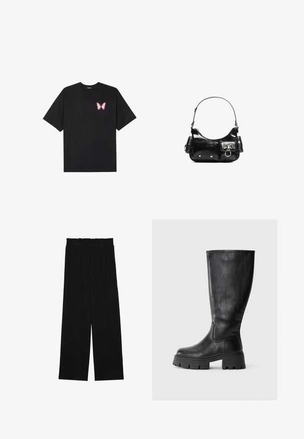 Crna pamučna majica s kratkim rukavima, s malim grafičkim prikazom ružičaste vjetricaste s desne strane na prsima. Dizajn s okruglim izrezom i opuštenim krojem.; Crne široke hlače s naboranim pojasom, koje imaju dva bočna džepa i glatku, laganu tkaninu. Nema vidljivih uzoraka ili metalnih dijelova.; Crne čizme do koljena od glatke kože s debelim, teksturnim potplatom i suptilnim šavnim detaljima duž vanjske strane.; Crna patentna kožna torba s zakrivljenim oblikom, jednim remenom za rame, prednjim džepovima i akcentima od srebrnog tona.