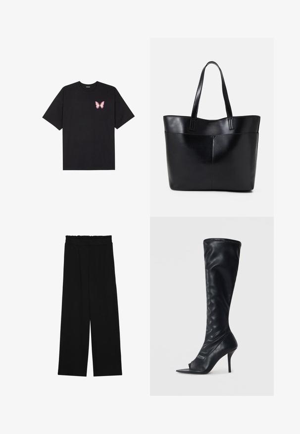 Tricou negru din bumbac cu mâneci scurte, având pe partea stângă a pieptului un mic grafic cu un fluture roz. Design cu guler rotund și croială lejeră.; Pantaloni largi negri cu un tiv volant, cu două buzunare laterale și un material neted, ușor. Fără modele vizibile sau accesorii.; Botă de genunchi din piele sintetică neagră, cu vârf ascuțit și toc înalt tip stiletto. Parte superioară texturată și finisaj neted.; Geantă oversized din piele neagră, cu două mânere lungi, de textură netedă și formă structurată. Are un buzunar frontal pentru stocare suplimentară.