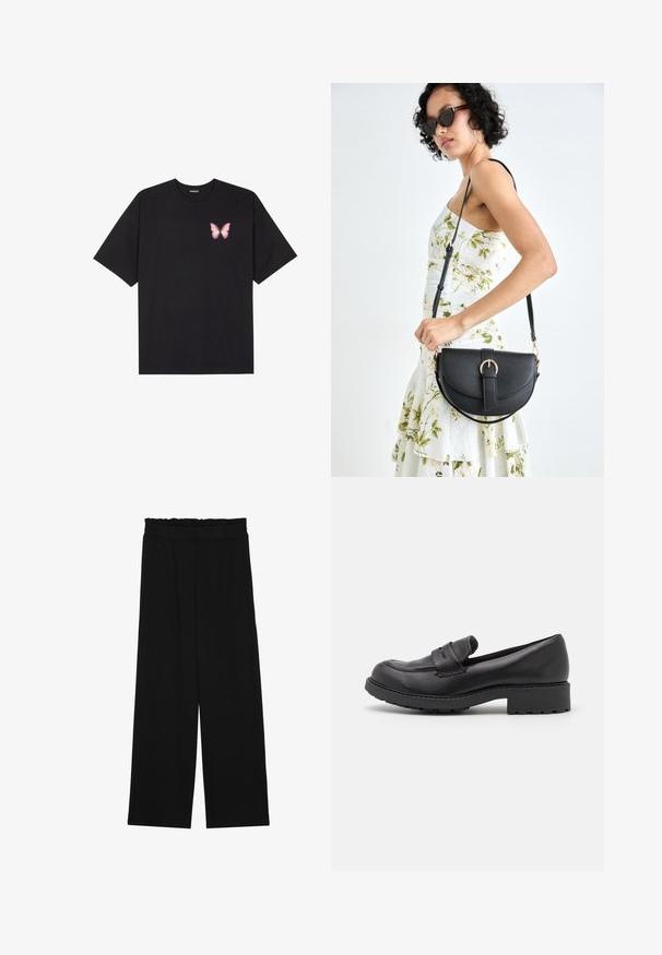 Black cotton t-shirt with short sleeves, featuring a small pink butterfly graphic on the left chest. Crew neck design with a relaxed fit.; Black wide-leg trousers with a ruffled waistband, featuring two side pockets and a smooth, lightweight fabric. No visible patterns or hardware.; Black leather loafers featuring a rounded toe, two decorative straps across the upper, and a thick rubber sole with treads.; Black leather handbag with a curved shape, detachable strap, and gold hardware. The bag features a flap with a buckle detail.