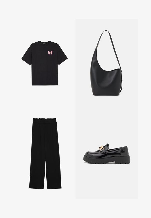 T-shirt nera in cotone con maniche corte, caratterizzata da una piccola grafica di una farfalla rosa sul lato sinistro del petto. Design a girocollo con una vestibilità rilassata.; Pantaloni neri a gamba larga con cintura arricciata, dotati di due tasche laterali e un tessuto liscio e leggero. Nessun motivo visibile o parti metalliche.; Mocassini in pelle verniciata nera con suola spessa nera e dettagli in hardware dorato. Texture liscia e design con punta arrotondata.; Borsa hobo nera in pelle con una superficie liscia, forma curvata e una singola tracolla regolabile; presenta un'ampia apertura nella parte superiore.