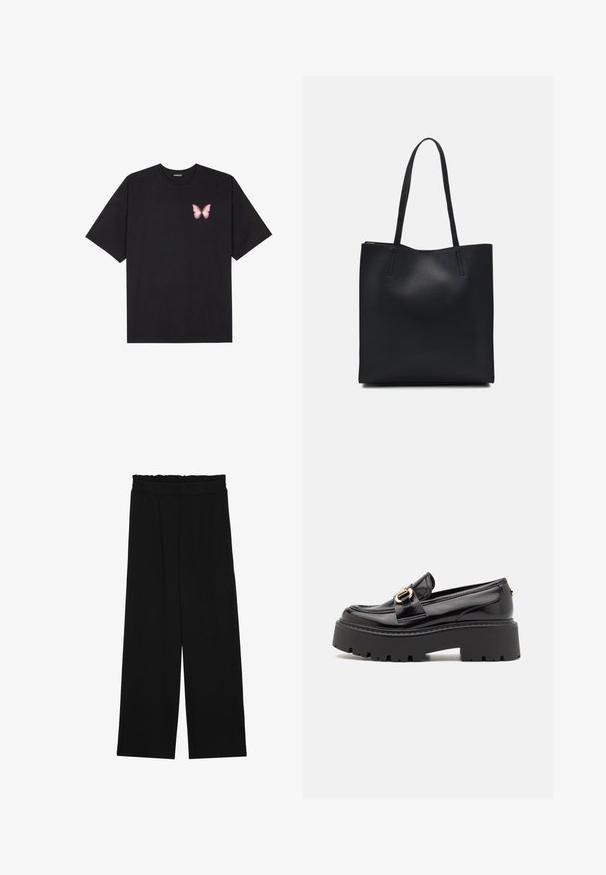 Black cotton t-shirt with short sleeves, featuring a small pink butterfly graphic on the left chest. Crew neck design with a relaxed fit.; Black wide-leg trousers with a ruffled waistband, featuring two side pockets and a smooth, lightweight fabric. No visible patterns or hardware.; Steve Madden OCCUPY - Slip-ons - black; Black leather tote bag with smooth texture, rectangular shape, and two long handles. No visible hardware or embellishments.