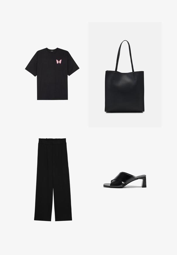 Camiseta de algodón negra de manga corta, con un pequeño gráfico de mariposa rosa en el lado izquierdo del pecho. Diseño de cuello redondo con un corte relajado.; Pantalones de pierna ancha negros con una cintura con volantes, que cuentan con dos bolsillos laterales y una tela suave y ligera. Sin patrones visibles ni accesorios.; Sandalias de tacón de cuero negro que presentan un diseño de tiras cruzadas, punta cuadrada y tacón cuadrado. Textura suave con un mínimo de detalles.; Bolso tote de cuero negro con textura lisa, forma rectangular y dos asas largas. Sin herrajes ni adornos visibles.
