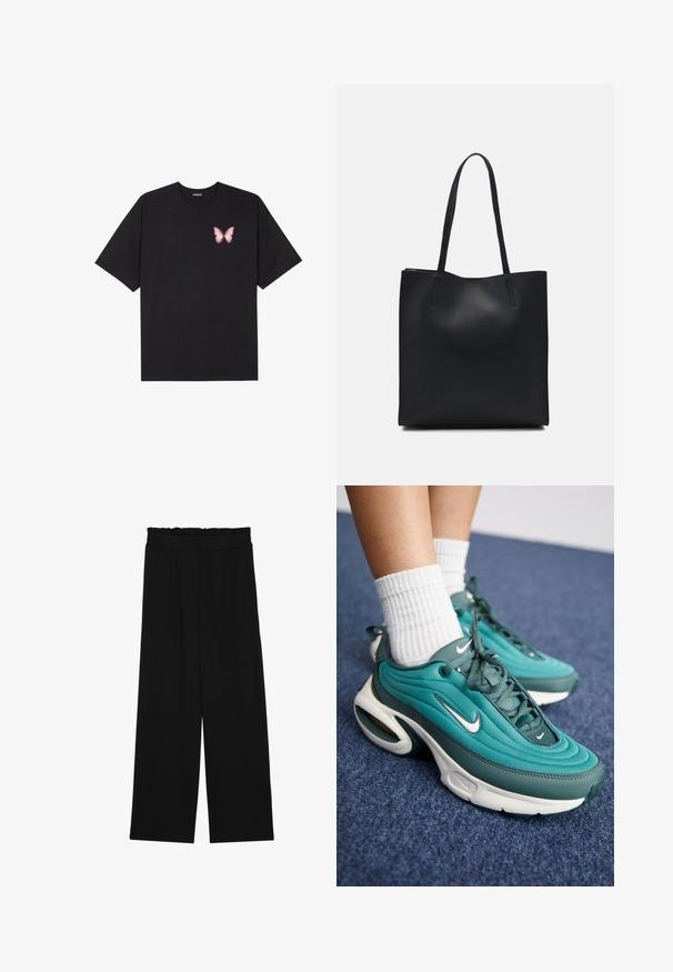 T-shirt de algodão preto com mangas curtas, apresentando um pequeno gráfico de borboleta rosa no lado esquerdo do peito. Design de gola redonda com um corte solto.; Calças largas pretas com um cinto franzido, apresentando dois bolsos laterais e um tecido suave e leve. Sem padrões ou ferragens visíveis.; Sapatilhas Nike turquesa com um upper texturizado, detalhes lisos e uma sola branca com amortecimento de ar. Meias brancas com nervuras visíveis.; Bolsa tote preta em couro com textura lisa, forma retangular e duas alças longas. Sem hardware ou enfeites visíveis.