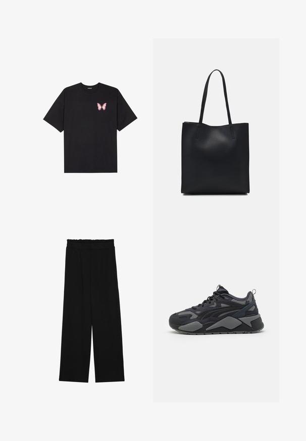 Black cotton t-shirt with short sleeves, featuring a small pink butterfly graphic on the left chest. Crew neck design with a relaxed fit.; Black wide-leg trousers with a ruffled waistband, featuring two side pockets and a smooth, lightweight fabric. No visible patterns or hardware.; Black athletic sneakers featuring mesh and textile upper with gray accents, a chunky sole, and distinctive design lines.; Black leather tote bag with smooth texture, rectangular shape, and two long handles. No visible hardware or embellishments.