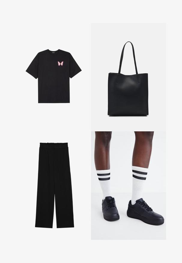 Tricou negru din bumbac cu mâneci scurte, având pe partea stângă a pieptului un mic grafic cu un fluture roz. Design cu guler rotund și croială lejeră.; Pantaloni largi negri cu un tiv volant, cu două buzunare laterale și un material neted, ușor. Fără modele vizibile sau accesorii.; Adidași negri din piele cu un finisaj texturat, asortați cu șosete albe cu nervuri, având dungi negre aproape de vârf.; Geantă tote neagră din piele, cu textură netedă, formă rectangulară și două mânere lungi. Fără hardware vizibil sau ornamente.
