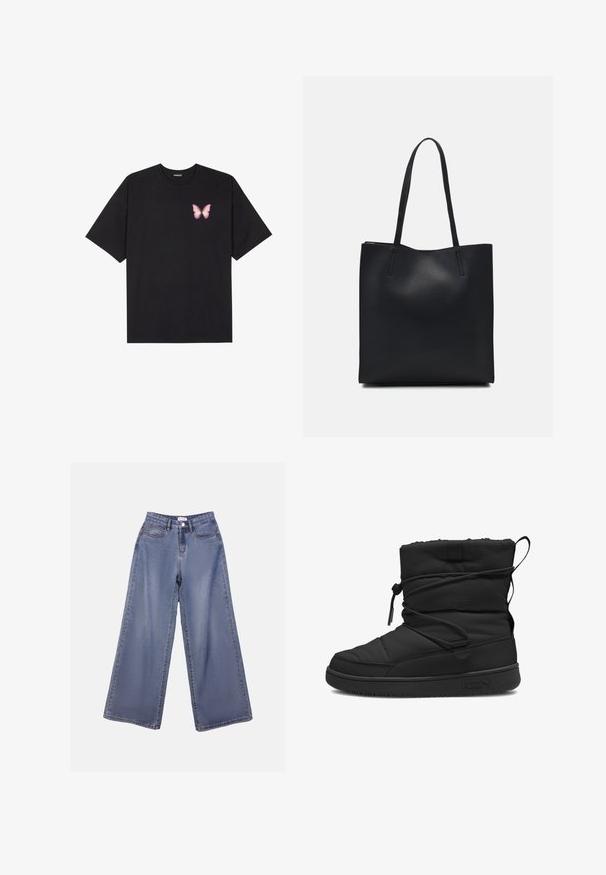 Tricou negru din bumbac cu mâneci scurte, având pe partea stângă a pieptului un mic grafic cu un fluture roz. Design cu guler rotund și croială lejeră.; Jeans din denim cu picioare largi într-o nuanță de albastru deschis, având talie înaltă, buzunare frontale și închidere cu nasture și bucle pentru curea.; Cizmă izolată de culoare neagră cu textură matlasată, închidere cu șnur elastic, partea superioară căptușită și talpă din cauciuc cu un logo minimalist.; Geantă tote neagră din piele, cu textură netedă, formă rectangulară și două mânere lungi. Fără hardware vizibil sau ornamente.
