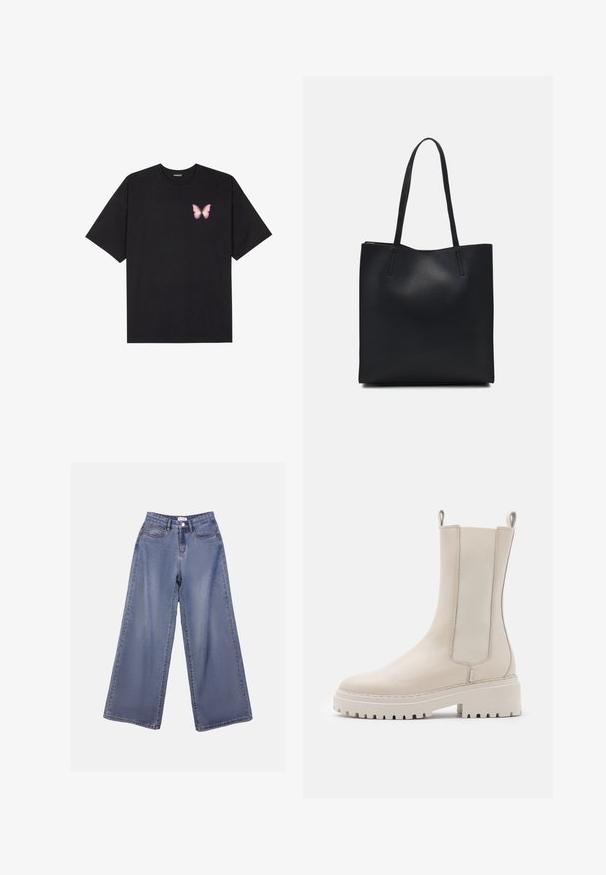 Camiseta de algodón negra de manga corta, con un pequeño gráfico de mariposa rosa en el lado izquierdo del pecho. Diseño de cuello redondo con un corte relajado.; Jeans de mezclilla de pierna ancha en un lavado azul claro, con una cintura alta, bolsillos frontales y un cierre de botón con trabillas para el cinturón.; Botas de tobillo beige de cuero con paneles laterales elásticos, una suela blanca robusta y lazos en la parte posterior para facilitar su uso.; Bolso tote de cuero negro con textura lisa, forma rectangular y dos asas largas. Sin herrajes ni adornos visibles.