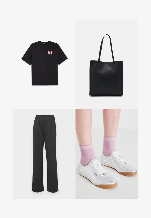 Black cotton t-shirt with short sleeves, featuring a small pink butterfly graphic on the left chest. Crew neck design with a relaxed fit.; Black straight-leg pants with an elastic waistband, front pleats, soft fabric, and no visible patterns or hardware details.; Silver athletic shoes with white accents and gum rubber soles, paired with ribbed pink socks, showcasing a low-profile design.; Black leather tote bag with smooth texture, rectangular shape, and two long handles. No visible hardware or embellishments.