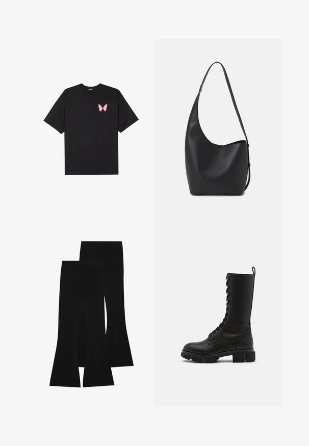 Černé bavlněné tričko s krátkým rukávem, na levém prsou s malou grafikou růžové motýlky. Design s kruhovým výstřihem a volným střihem.; Černé zvonové kalhoty vyrobené z elastického materiálu, s vysokým pasem a hladkou texturou, s přiléhavým střihem, který se rozšiřuje od kolena.; Copenhagen Studios CPH564 - Kozačky na platformě - black; Černá kožená hobo taška s hladkým povrchem, zakřiveným tvarem a jedním nastavitelným popruhem; má široké otevírání nahoře.