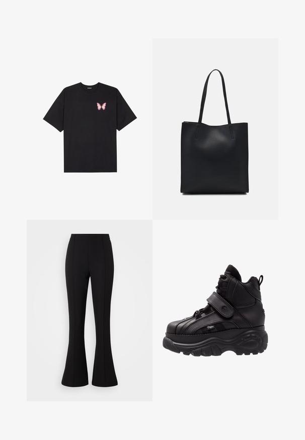 Black cotton t-shirt with short sleeves, featuring a small pink butterfly graphic on the left chest. Crew neck design with a relaxed fit.; Black flared pants made from stretchy fabric, featuring a smooth texture, high waist, and seam detailing along the front.; Black high-top sneakers with a thick rubber sole, leather upper, lace and Velcro strap closures, and textured side panel detailing.; Black leather tote bag with smooth texture, rectangular shape, and two long handles. No visible hardware or embellishments.