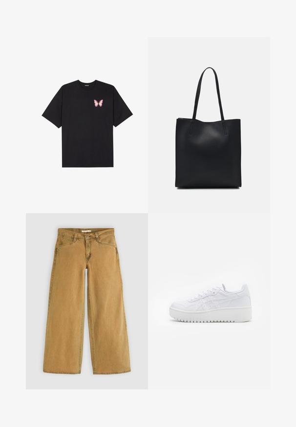 T-shirt de algodão preto com mangas curtas, apresentando um pequeno gráfico de borboleta rosa no lado esquerdo do peito. Design de gola redonda com um corte solto.; Calças de ganga castanhas de pernas largas com um elevado, apresentando um fecho de botão na frente, cinco bolsos e um acabamento ligeiramente desgastado.; Sapatilhas brancas de plataforma com uma textura de couro suave, detalhes perfurados e atacadores planos; apresentam uma sola de borracha branca espessa.; Bolsa tote preta em couro com textura lisa, forma retangular e duas alças longas. Sem hardware ou enfeites visíveis.