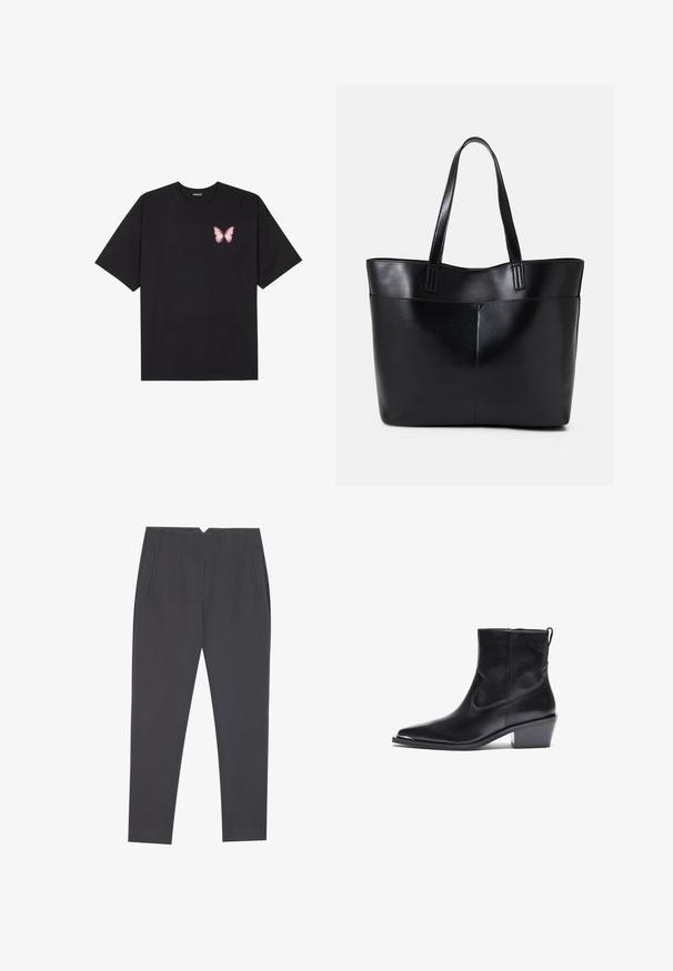 Black cotton t-shirt with short sleeves, featuring a small pink butterfly graphic on the left chest. Crew neck design with a relaxed fit.; Dark gray tapered trousers with side pockets and front pleats, designed for a tailored fit.; Black leather ankle boot with a pointed toe and low block heel. Features a side zipper and minimal stitching details for a sleek design.; Black leather tote bag with two long handles, a smooth texture, and a structured shape. Features a front pocket for additional storage.