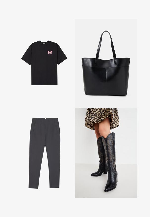 Svart bomulls T-skjorte med korte ermer, med en liten rosa sommerfugl grafikk på venstre bryst. Crew-neck design med en avslappet passform.; Mørk grå tapered bukser med sidelommer og frontplystringer, designet for en skreddersydd passform.; Ben i høye, svarte lær cowboy-støvler med dekorativ søm, kombinert med et kort skjørt i leopardmønster mot en hvit bakgrunn.; Svart lær toteveske med to lange håndtak, en glatt tekstur og en strukturert form. Har en frontlomme for ekstra oppbevaring.