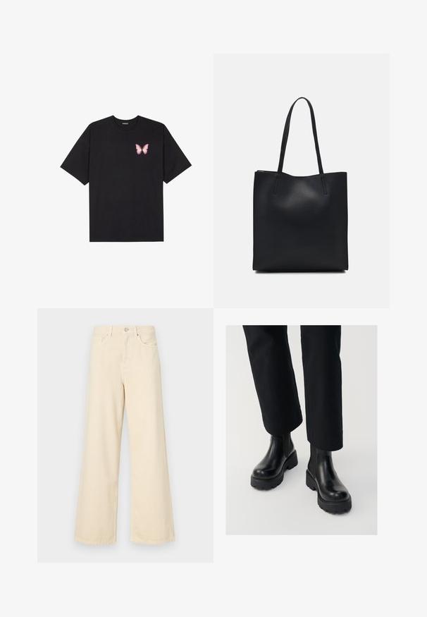 Crna pamučna majica s kratkim rukavima, s malim grafičkim prikazom ružičaste vjetricaste s desne strane na prsima. Dizajn s okruglim izrezom i opuštenim krojem.; Bež traperice širokih nogavica napravljene od pamuka. Imaju zatvaranje na dugme, petlje za remen i prednje džepove s glatkom, mekanom teksturom.; Crne kožne gležnjače s masivnom petom, elastičnim bočnim panelima i glatkom završnom obradom, uparenim s labavim crnim hlačama.; Crna kožna torba za nošenje s glatkom teksturom, pravokutnim oblikom i dvije duge ručke. Nema vidljivih metalnih dijelova ili ukrasa.