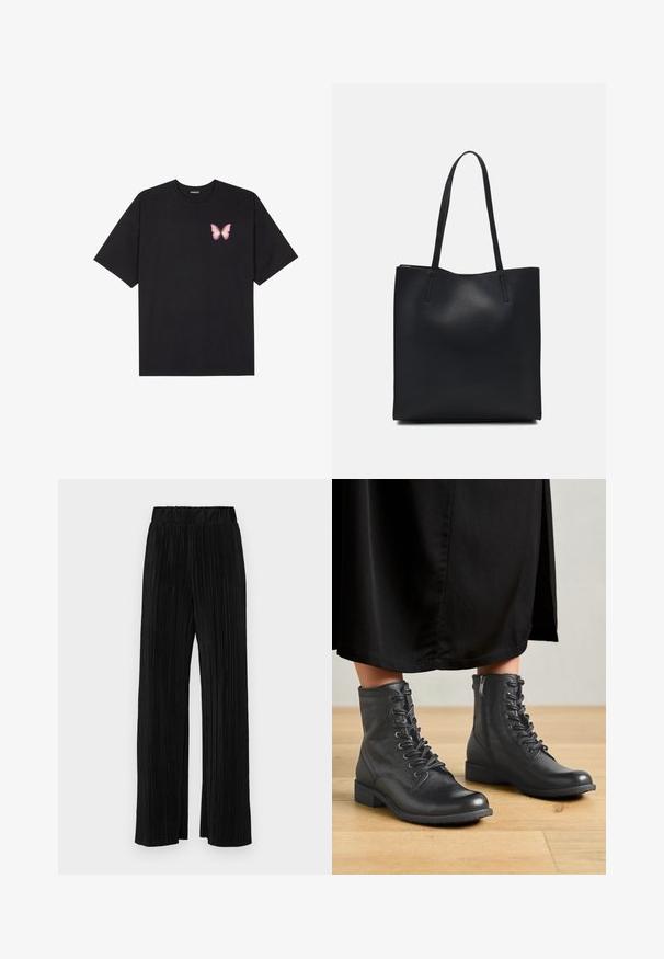 Černé bavlněné tričko s krátkým rukávem, na levém prsou s malou grafikou růžové motýlky. Design s kruhovým výstřihem a volným střihem.; Černé plisované kalhoty s elastickým pasem. Mají široké nohavice a hladkou, strukturovanou tkaninu s vertikálními pruhy.; Černé kožené kotníkové boty s kulatou špičkou, se šněrováním a bočním zipem, na pozadí dřevěné podlahy a černého oděvu.; Černá kožená taška přes rameno s hladkým povrchem, obdélníkovým tvarem a dvěma dlouhými uchy. Žádné viditelné kování ani ozdoby.