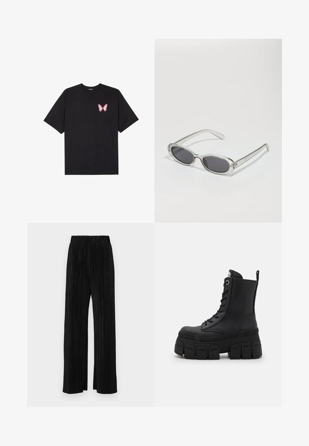 Čierne bavlnené tričko s krátkymi rukávmi, s malým ružovým motýlikom na ľavej hrudi. Design s okrúhlym výstrihom a uvoľneným strihom.; Čierne plisované nohavice s elastickým pásom. Majú široké nohavice a hladkú, textúrovanú látku s vertikálnymi pruhmi.; Buffalo GOSPHER LACE UP MID - Členkové šnurovacie čižmy - black; Slnečné okuliare oválneho tvaru, s priehľadným plastovým rámom, tmavošedými šošovkami a tenkými priehľadnými ramienkami s logovými akcentmi a minimálnym detailovaním.; Čierna kožená taška na rameno s hladkým povrchom, obdĺžnikovým tvarom a dvoma dlhými uchami. Bez viditeľného kovania alebo ozdôb.