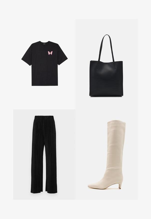 Musta puuvillapaita lyhyillä hihoilla, jossa on pieni vaaleanpunainen perhosgrafiikka vasemmassa rinnassa. Pyöreä kaula-aukko ja rento istuvuus.; Mustat pleatatut housut, joissa on joustava vyötärö. Ominaisuuksiin kuuluvat leveät lahkeet ja sileä, teksturoitu kangas, jossa on pystysuoria raitoja.; RAID LAYLA - Saappaat - off white; Mustapahkainen kangaskassi, jossa on sileä pinta, suorakaiteen muotoinen ja kaksi pitkää kahvaa. Ei näkyvää metalliosaa tai koristeita.