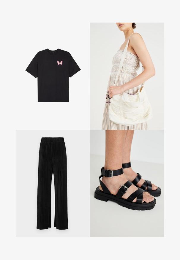 Svart bomulls T-skjorte med korte ermer, med en liten rosa sommerfugl grafikk på venstre bryst. Crew-neck design med en avslappet passform.; Sorte plisserte bukser med elastisk midje. Har vide ben og et glatt, strukturert stoff med vertikale striper.; Svarte lær sandaler med brede stropper og spenne rundt ankelen. Kraftig såle med teksturert overflate. Åpen tå-design for pusteevne.; Hvit stoff skulderveske med samlet tekstur, justerbar stropp og sølvfarget hardware. Vist sammen med en kremfarget kjole.