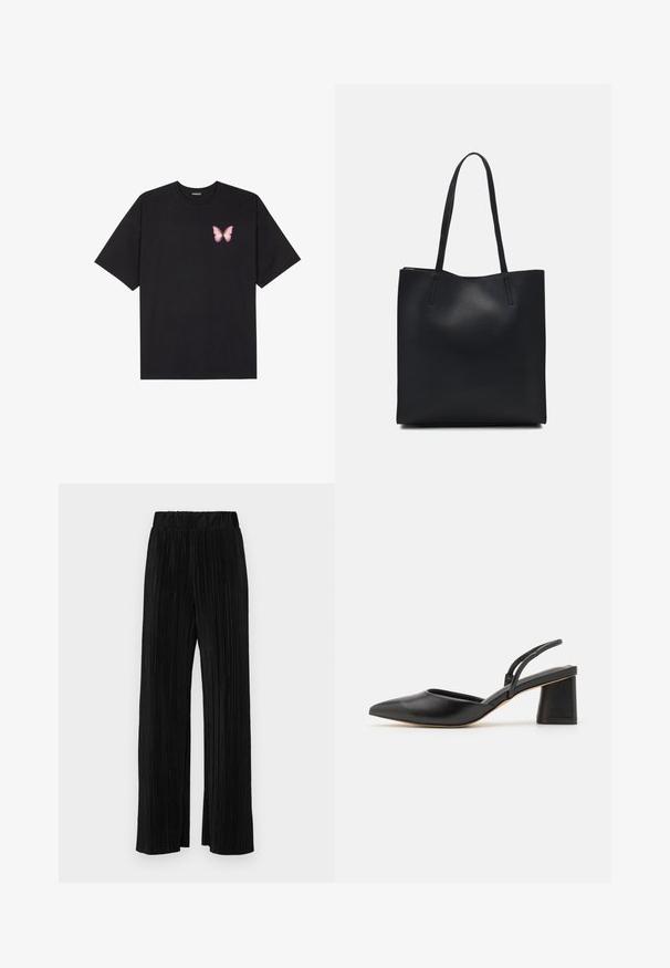 Melna kokvilnas T-krekls ar īsām piedurknēm, kuram priekšā kreisajā pusē ir neliels rozā tauriņa grafiskais attēls. Ar apaļu kaklu un brīvā stila piegriezumu.; Melni plīšu bikses ar elastīgu jostu. Tām ir platākas kājas un gluda, teksturēta auduma ar vertikālām svītrām.; Melnas, norādītas, siksnas apavi ar atvērtu papēdi, izgatavoti no gludas ādas, ar zemu kvadrātveida papēdi un tievām siksniņām aizmugurē drošai piegulšanai.; Melnas ādas somiņa ar gludu tekstūru, taisnstūra formu un divām garām rokturiem. Nav redzamu aparatūras vai rotājumu.