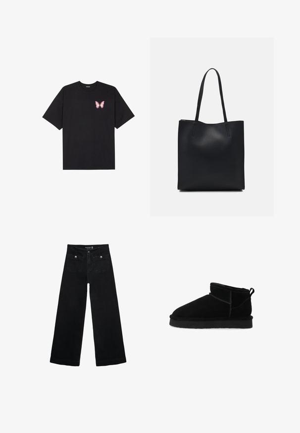 Sort bomulds T-shirt med korte ærmer, prydet med en lille pink sommerfugl grafik på venstre bryst. Rund hals design med en afslappet pasform.; Sorte vidde jeans med høj talje, der har to forlommer og metalknapdetaljer. Stoffet har en glat tekstur.; Bianco Vinterstøvler - black; Sort læder tote taske med glat tekstur, rektangulær form og to lange hanke. Ingen synlig hardware eller udsmykninger.