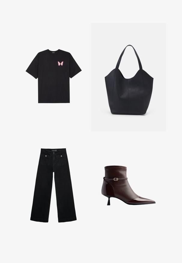 Schwarzes Baumwoll-T-Shirt mit kurzen Ärmeln, das ein kleines pinkes Schmetterlingsmotiv auf der linken Brust zeigt. Crewneck-Design mit einem entspannten Schnitt.; Schwarze, weit geschnittene Jeans mit hoher Taille, die zwei Fronttaschen und metallene Knopfakzente aufweist. Der Stoff hat eine glatte Textur.; Braune Lederstiefelette mit spitzer Zehe, kleinem Kittenheel und einem dünnen Riemen mit einer kleinen goldenen Schnalle um den Knöchel.; Schwarze Tote-Bag aus glattem Leder, mit einem abgerundeten, offenen Oberteil, zwei Schulterträgern und einem minimalistischen Design.