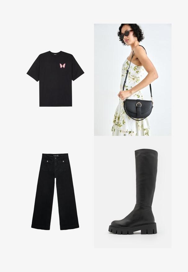 Musta puuvillapaita lyhyillä hihoilla, jossa on pieni vaaleanpunainen perhosgrafiikka vasemmassa rinnassa. Pyöreä kaula-aukko ja rento istuvuus.; Mustat leveälahkeiset farkut korkean vyötärön kanssa, joissa on kaksi etutaskua ja metalliset nappikoristeet. Kangas on sileä.; Mustat polven yltä ulottuvat saappaat, jotka on valmistettu sileästä nahasta, pyöreällä kärjellä ja paksulla, tekstuurilla varustetulla pohjalla, jossa on syviä uurteita.; Musta nahkainen käsilaukku, joka on kaareva muotoilultaan, irrotettavalla hihnalla ja kultaisilla yksityiskohdilla. Laukussa on läppä, jossa on solk yksityiskohta.