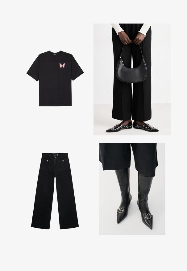 Schwarzes Baumwoll-T-Shirt mit kurzen Ärmeln, das ein kleines pinkes Schmetterlingsmotiv auf der linken Brust zeigt. Crewneck-Design mit einem entspannten Schnitt.; Schwarze, weit geschnittene Jeans mit hoher Taille, die zwei Fronttaschen und metallene Knopfakzente aufweist. Der Stoff hat eine glatte Textur.; Schwarze Lederstiefel bis zum Knie mit einer spitzen Zehe und silbernem Schnallenakzent. Verfügt über einen Reißverschluss an der Innenseite und hat eine glatte Textur.; Schwarze Leder-Schultertasche mit runder Form, glänzender Oberfläche und silbernem Beschlag. Person trägt schwarze weit geschnittene Hosen und Nieten-Loafers.