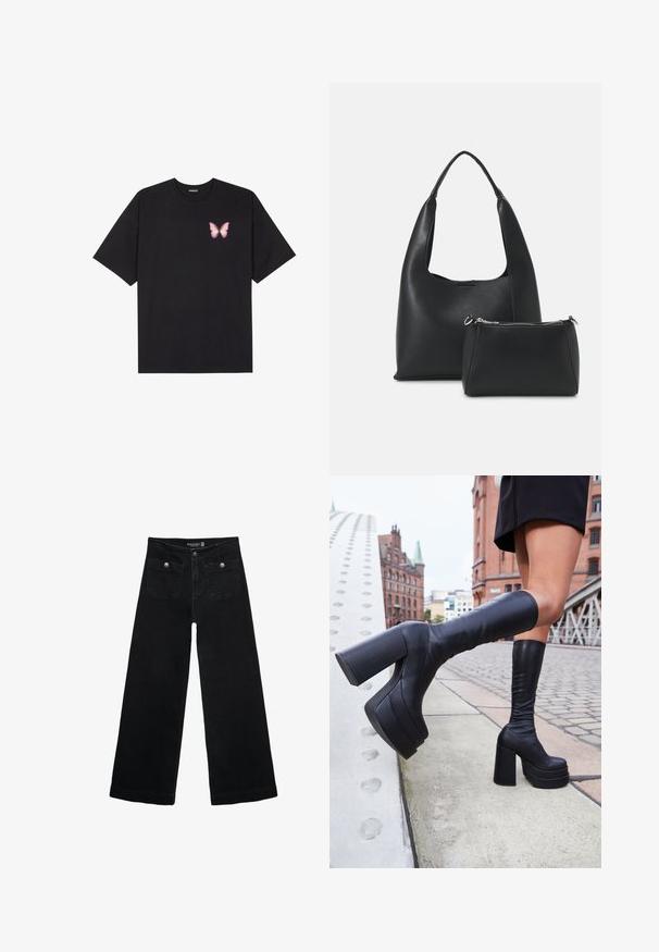 Schwarzes Baumwoll-T-Shirt mit kurzen Ärmeln, das ein kleines pinkes Schmetterlingsmotiv auf der linken Brust zeigt. Crewneck-Design mit einem entspannten Schnitt.; Schwarze, weit geschnittene Jeans mit hoher Taille, die zwei Fronttaschen und metallene Knopfakzente aufweist. Der Stoff hat eine glatte Textur.; Schwarze knöchelhohe Plateaustiefel aus glattem Leder, mit dicken quadratischen Absätzen und einem eleganten Design, vor einer Stadtkulisse.; Even&Odd Handtasche - black
